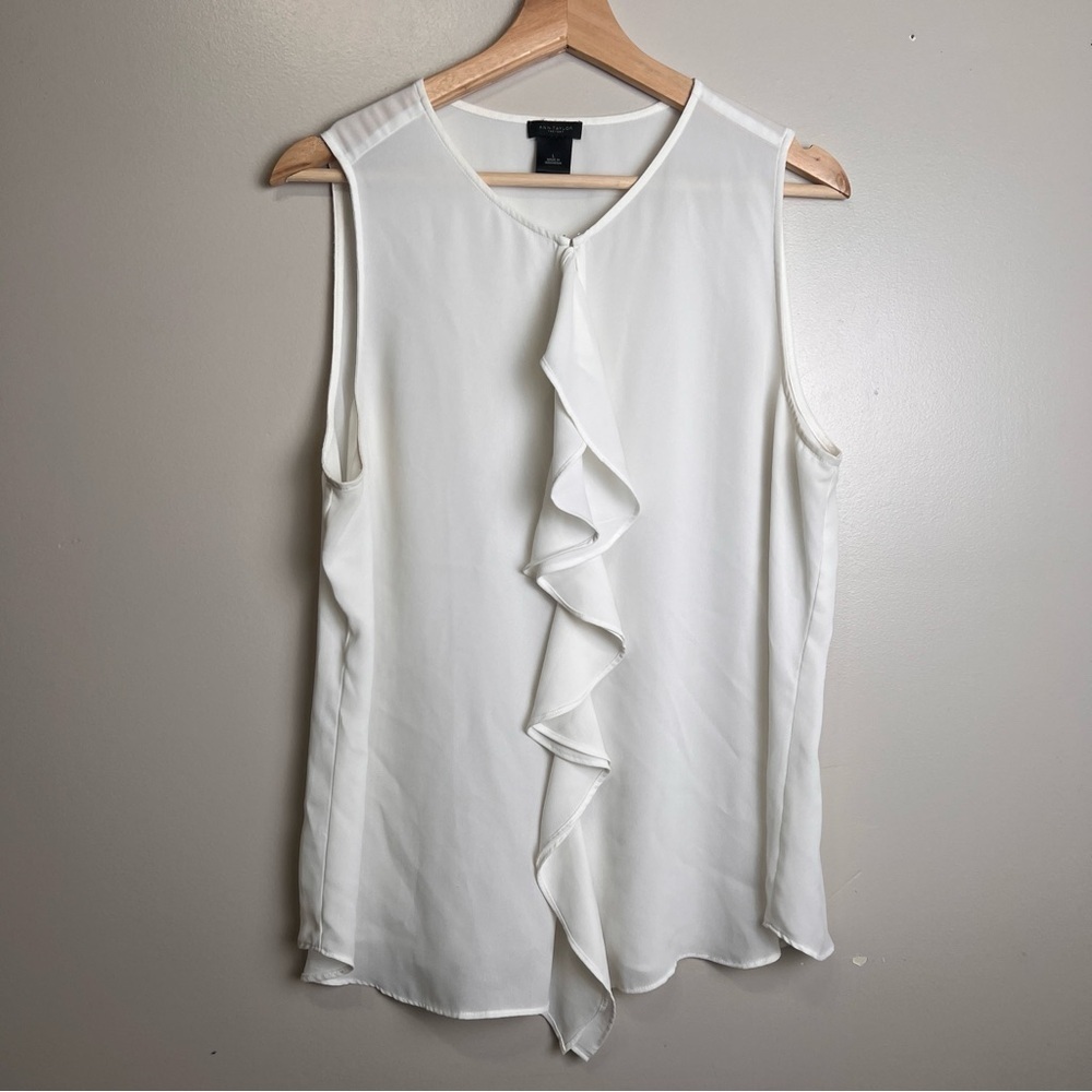 Ann Taylor Factory Women's Sleeveless Ruffle Front Semi-Sheer Blouse Size L EUC